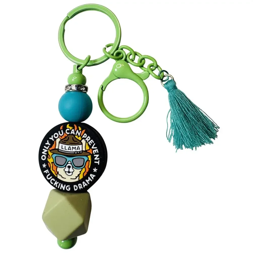 Handmade Turquoise & Green Silicone Bead Keychain – “Prevent Drama” Bear, 6” -vn